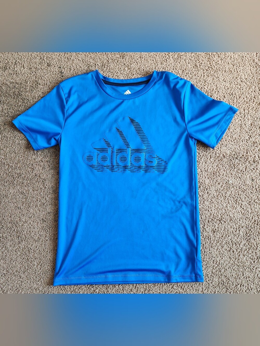 adidas Youth Training Tee Blue Black Striped Logo Activewear